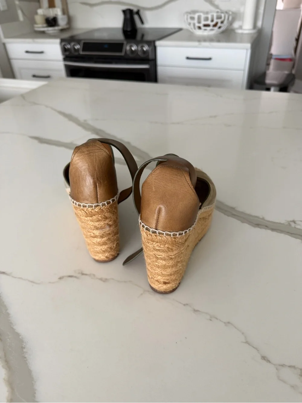Chloe Olive Suede Espadrille Wedges with Brown Leather Ankle Straps